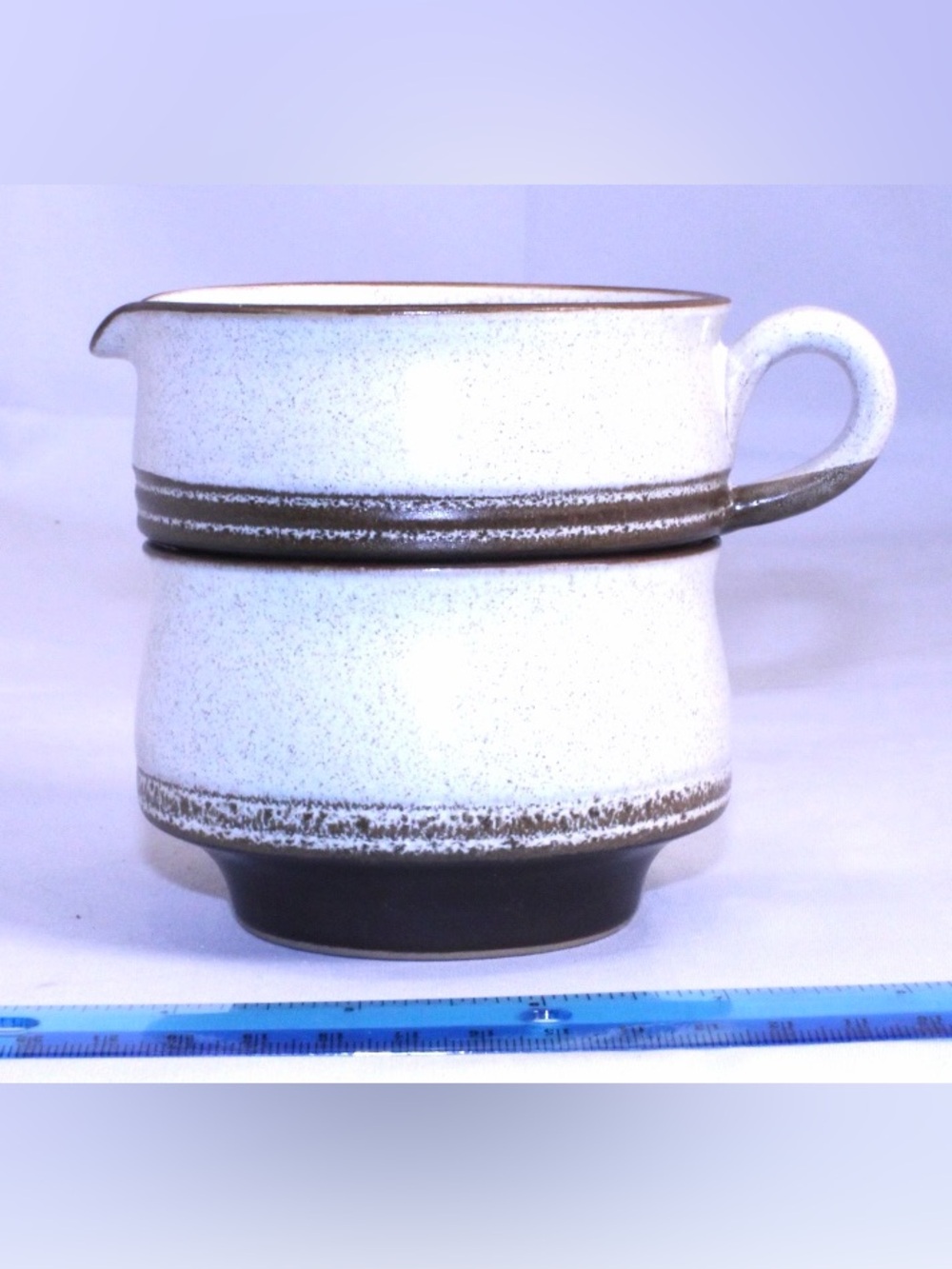 Vintage Hall Artistone stoneware stacking cream and sugar set with Denby-Langley